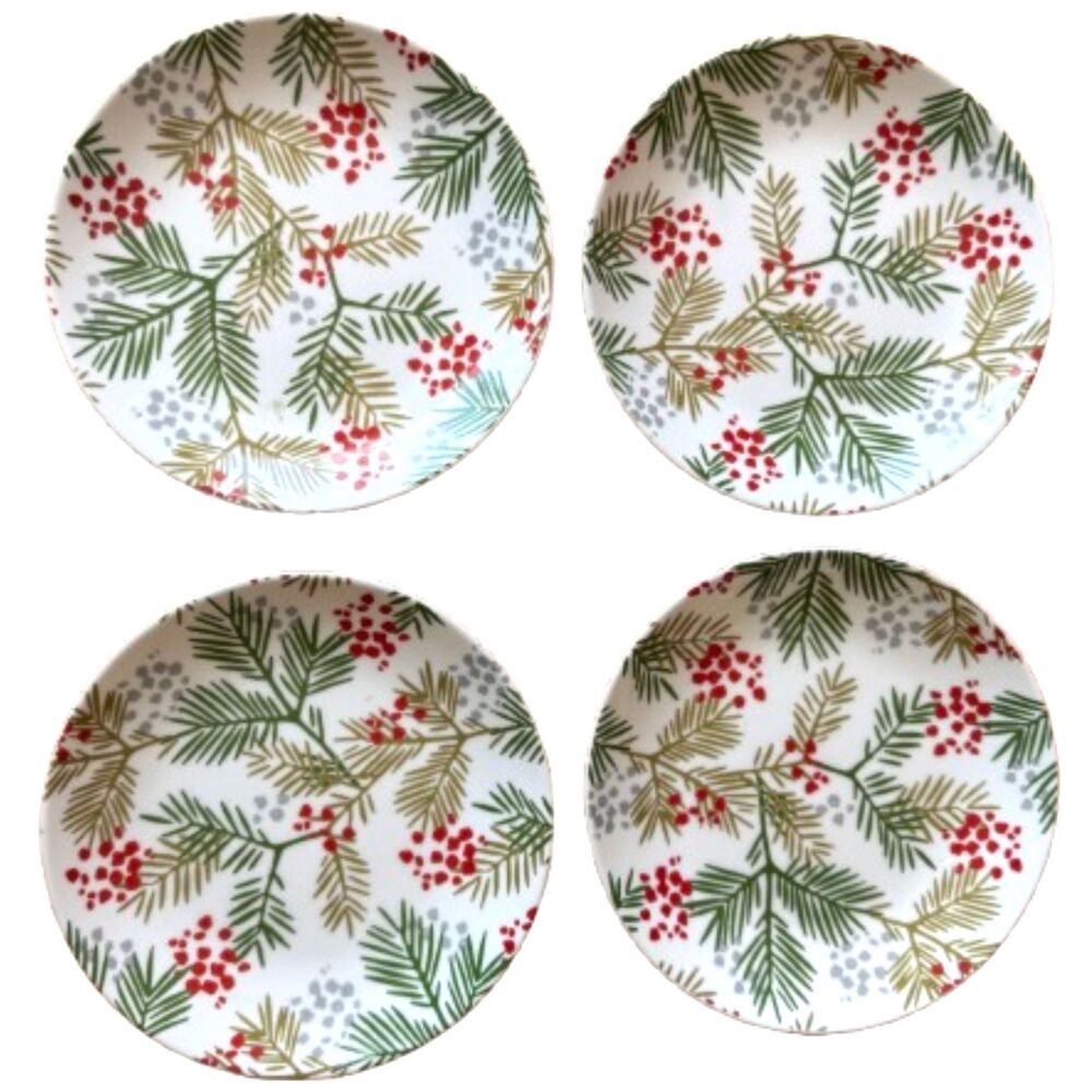 Crate & Barrel Christmas Holly Berries Appetizer Dessert Plates Holiday Set of 4